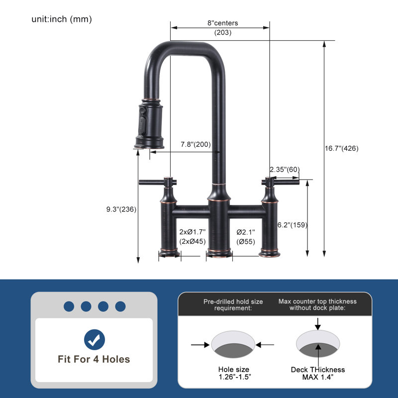Double Handle Bridge Kitchen Faucet With 360 Degree Spout Swivel Inoil Rubbed Bronze, Oil Rubbed Bronze