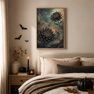 Chrysanthèmes noirs et papillons de nuit dans une forêt au clair de lune - Toile murale d'Halloween