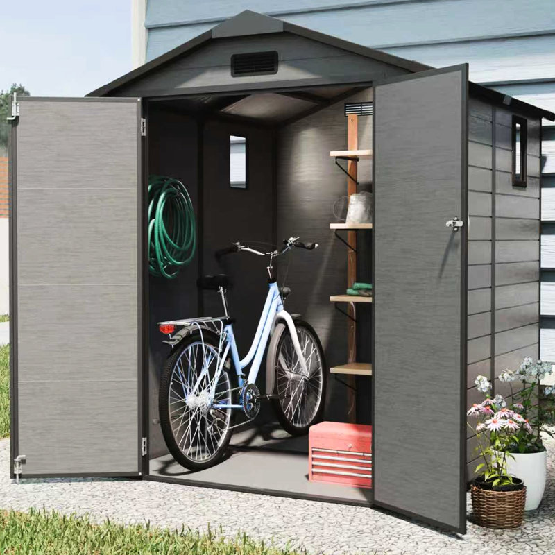 Solution de rangement d'extérieur gris foncé de 6 pi x 6 pi - Remise en plastique verrouillable avec fenêtre et plancher, convient aux articles de jardin, aux panneaux renforcés en métal de construction robuste, à la circulation des évents, facile