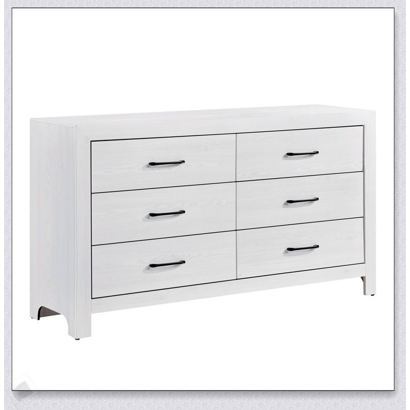 Commode à 6 tiroirs moderne à finition blanche avec quincaillerie noire, solution de rangement durable et élégante pour chambre à coucher