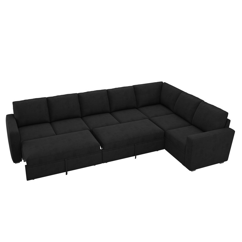 Caren L-shaped Sleeper Sectional Modular Sofa Bed With Storage Seat, Black Velvet