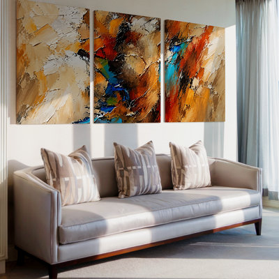 3 Pieces Exculisive Turquoise Rust and Ivory Palette Knife Panorama Wall, Modern Canvas Decor for Living Room, Bedroom, Office and Home, Ready to Hang