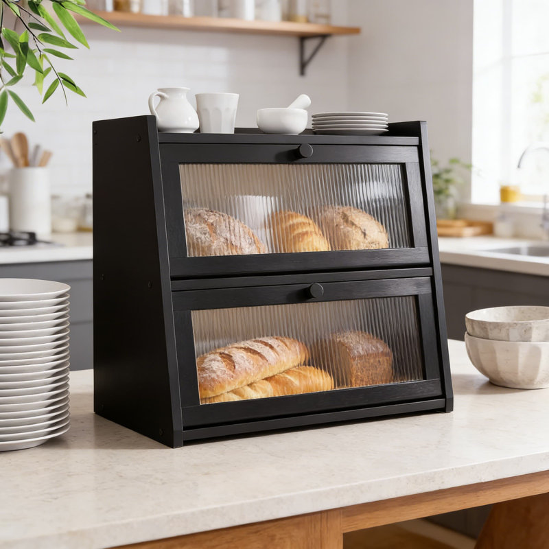 Boîte à pain en bambou avec porte en acrylique ondulée, contenant à double couche pour le comptoir de la cuisine, garde-pain de grande capacité avec plateau plat