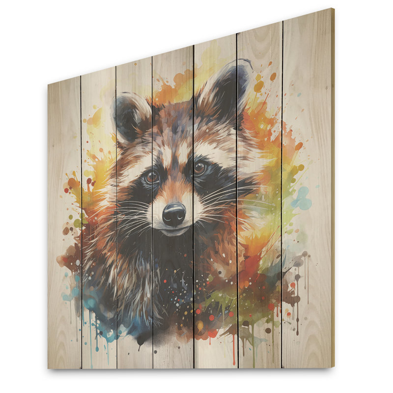 «Black and Orange Racoon Curious Explorer» - Raton laveur sur bois, H 15 po x l 15 po