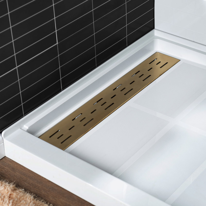 60" W x 34" D Single Threshold Shower Pan Base with Drain Assembly & Drain Cover Included, Non-Slip, Left, Brushed Gold