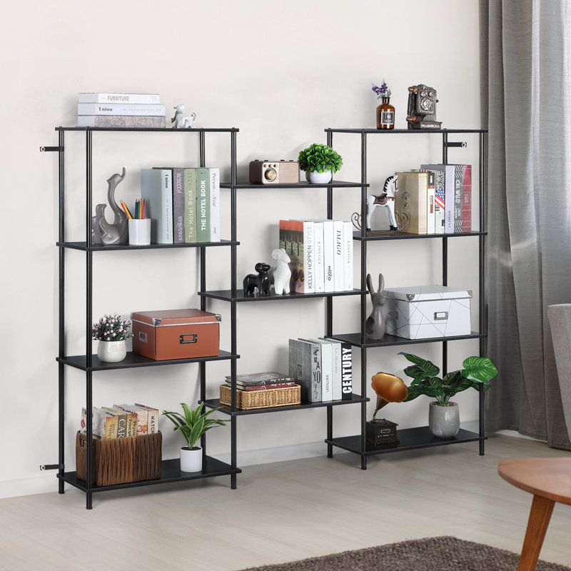 Three Rows Bookcase-4 Shelves-Black, Noir