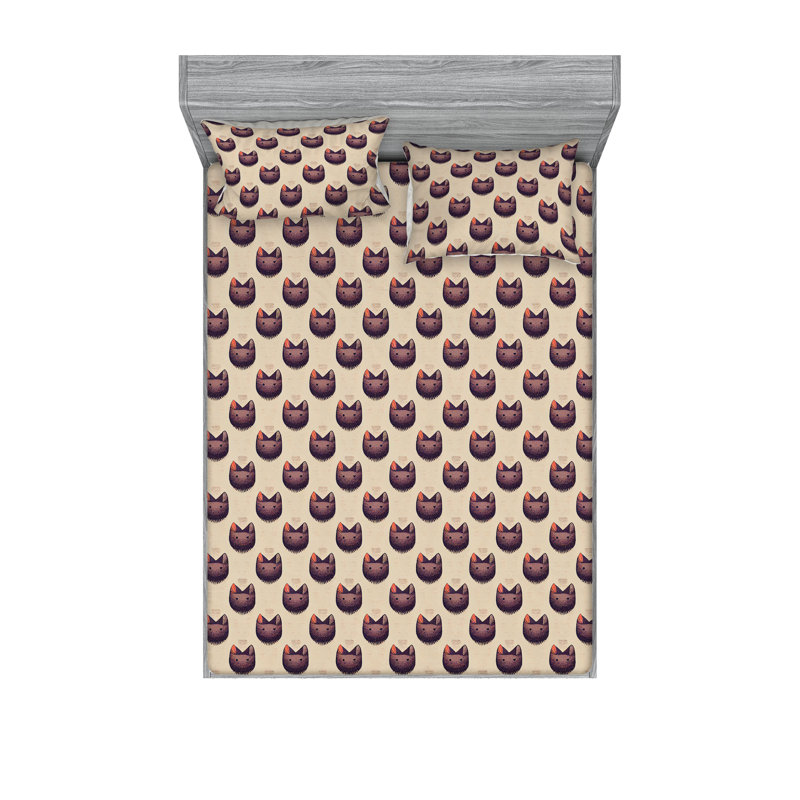 Ambesonne Fitted Sheet & Shams, Queen Sheet Set with 2 Pillowcases, Eggplant/Orange Animal Print