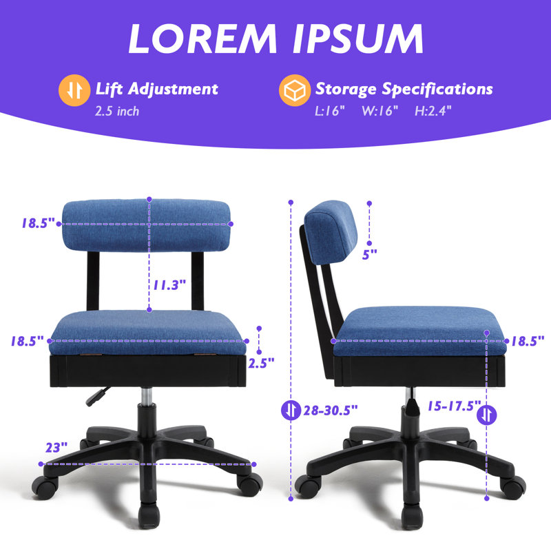  Sewing Chair with Wheels and Adjustable Height Back Support and Under Seat Storage Crafting Rolling Chair- Hydraulic Armless Machine Chair for Crafting, Quilting, Artists，Blue