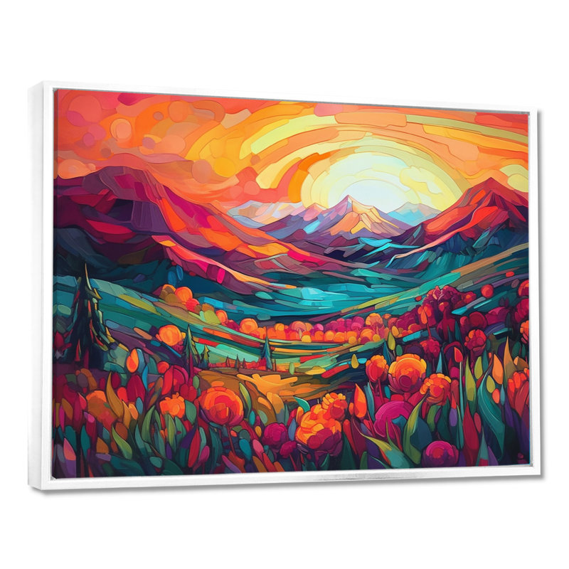 «Vibrant Sunset Shining Over Mountains I», art sur toile, H 34 po x l 44 po x P 1,5 po, Cadre flottant blanc