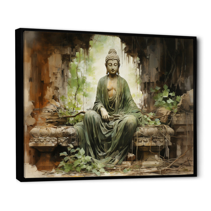 Thailande, ruines de Bouddha, art mural, Cadre flottant noir, H 24 po x l 32 po x P 1 po