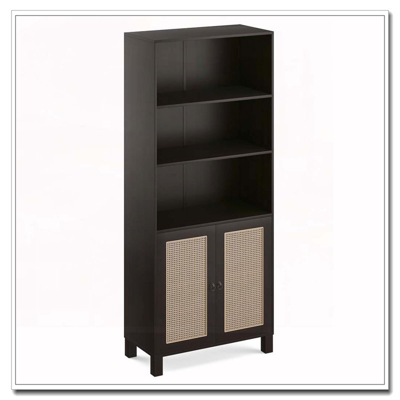Bookcase with Rattan Doors,5 Tier Storage Wood Shelves, Walnut