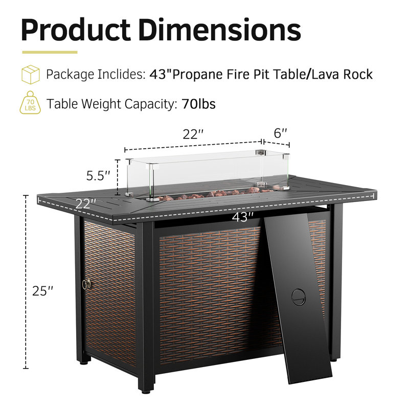Table de foyer d'extérieur au propane en fer H 26 po x l 43 po