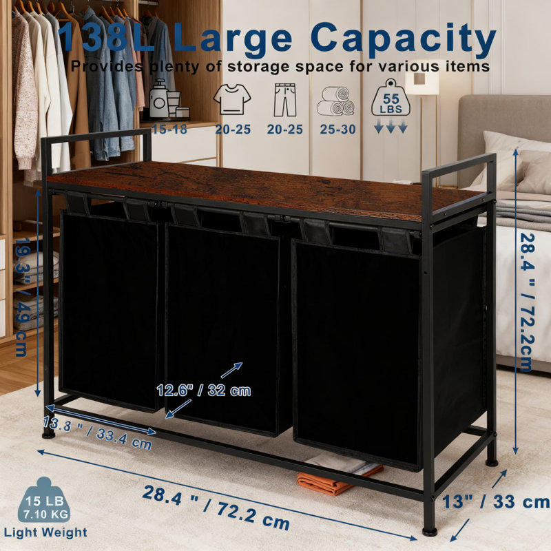 3-Section Laundry Sorter With Removable Bags & Storage Shelf, Heavy-Duty Steel Frame Hamper Organizer For Laundry Room, Bathroom, Dorm