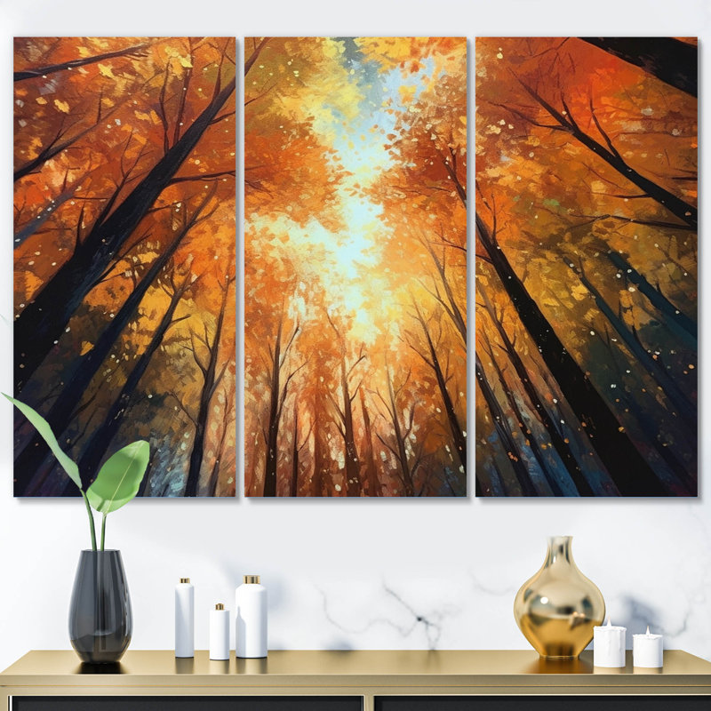 Lumière chaude d'automne qui brille dans la forêt III - Ensemble de décorations murales forêt, H 28 po x l 36 po x P 1 po