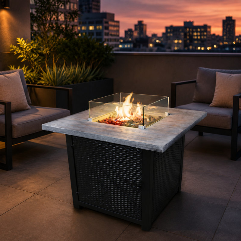 Teamson 86cm Outdoor Gas Fire Pit Table with Glass Wind Guard, Hidden Propane Storage, Concrete Top, Rattan Base & Lava Rocks
