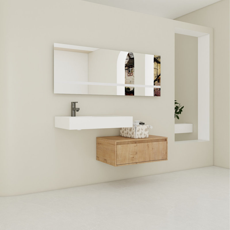 Meuble-lavabo mural de 30 po avec lavabo en résine, tiroir à fermeture en douceur et fixation flottante, Gauche
