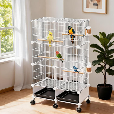 Grande cage à oiseaux pour petits et moyens oiseaux, cage de volière en métal de 132 cm de haut avec 2 portes, plateau de nettoyage amovible, 6 roulettes, perchoirs et accessoires d'alimentation