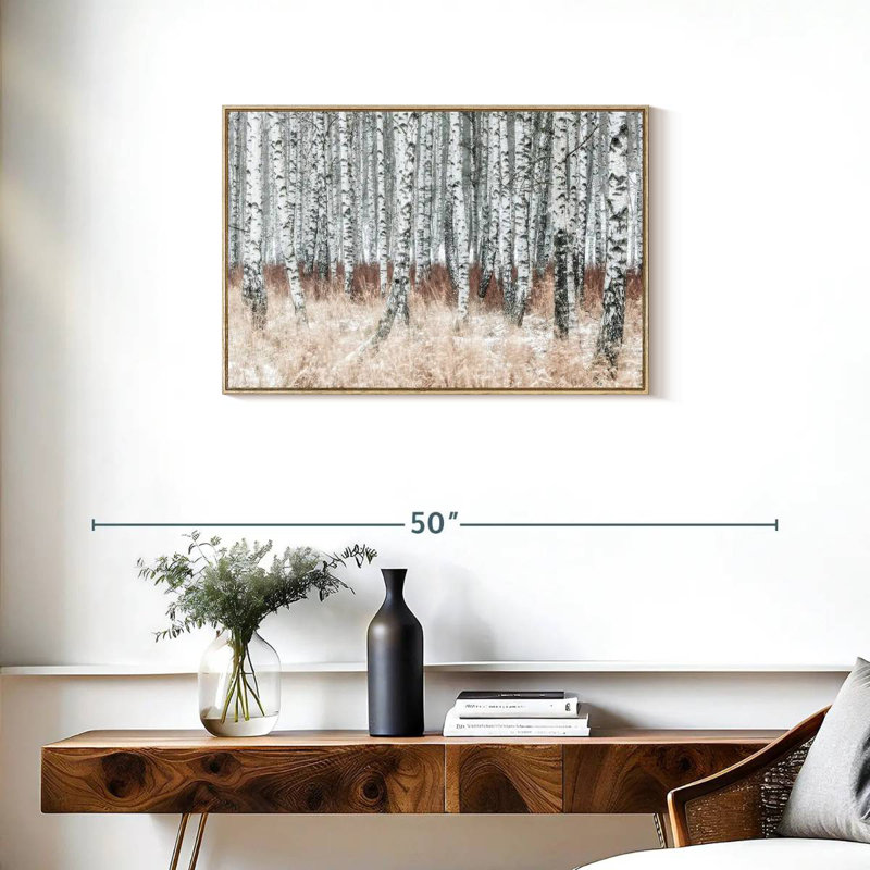 Winter Season Birch Forest, Floating Frame Natural Wood, 31" X 21"
