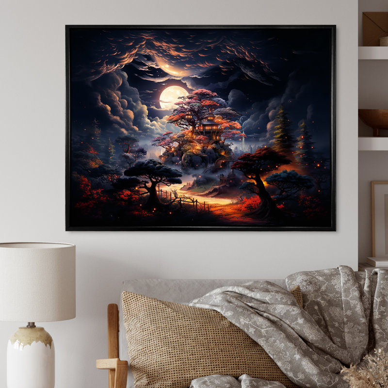 «Black Nebula Nights Castle Treehouse II», art mural Chine, Cadre flottant noir, H 24 po x l 32 po x P 1 po