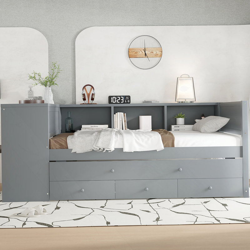 Lit de jour fonctionnel avec lit gigogne, tiroirs de rangement intégrés, tablettes latérales et bureau, idéal pour économiser de l'espace et une vie confortable