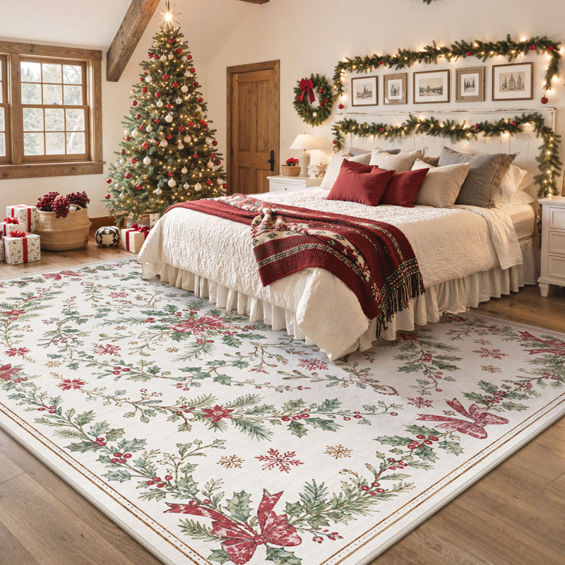 Tapis floral rétro tissé à la machine Christmas avec envers antidérapant, Rectangle 8' x 10'