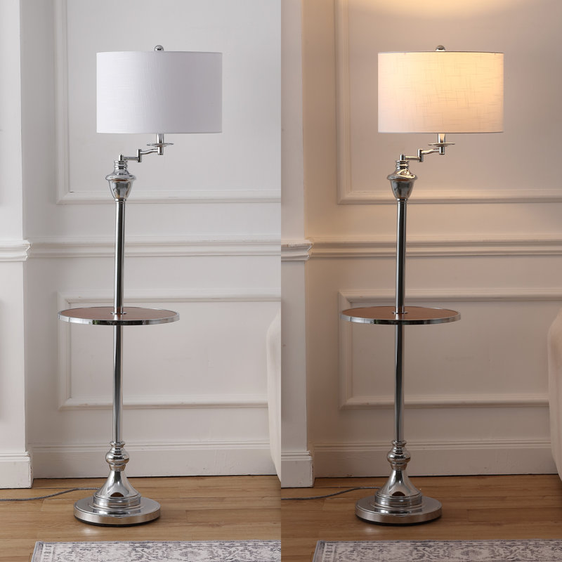 Lampe sur pied moderne en métal 60 po avec table d'appoint et bras pivotant Waldenburg, Chrome / bois brun