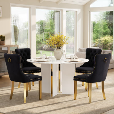 Round Dining Table Set with Tufted Chairs, Mid‑Century Farmhouse Dining Room Table Set for Kitchen Breakfast Nook