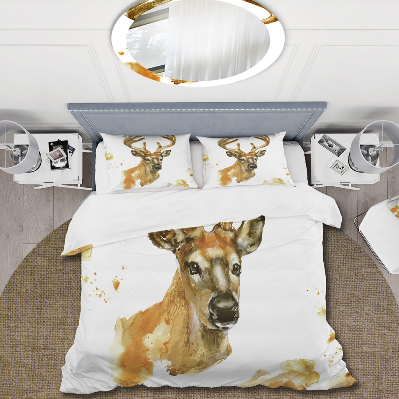 Portrait of Deer With Big Horns - Ensemble de housse de couette Farmhouse - Microfibre de polyester