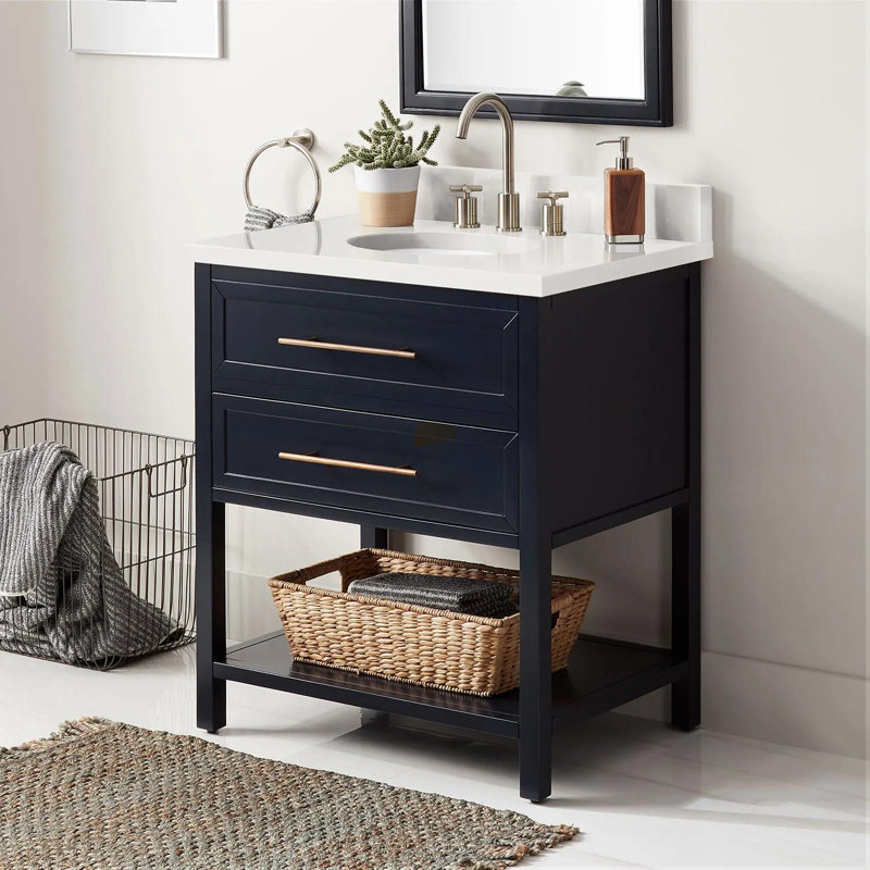 30" Robertson Single Bathroom Vanity Set with Oval Undermount Sink, Midnight Navy Blue, Arctic White Quartz, 8" Widespread