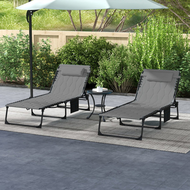 Outsunny Folding Chaise Lounge Set With 5Level Reclining Back, Outdoor Lounge Tanning Chair With Padded Seat, Side Pocket & Headrest For Beach, Yard, Patio, Gray
