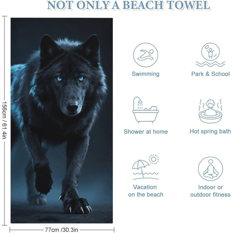 Serviette de plage en microfibre à séchage rapide et loup noir cyan, 60 x 80 po