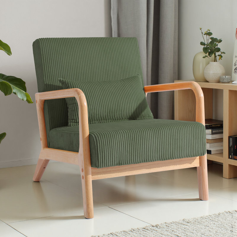 Chaise d'appoint Jyrin Mid Century, Bois naturel, Velours côtelé gris-vert