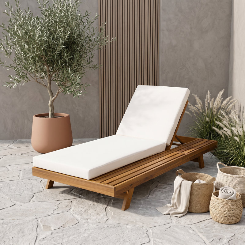 Chaise longue d'extérieur en bois avec coussin, Teck crème