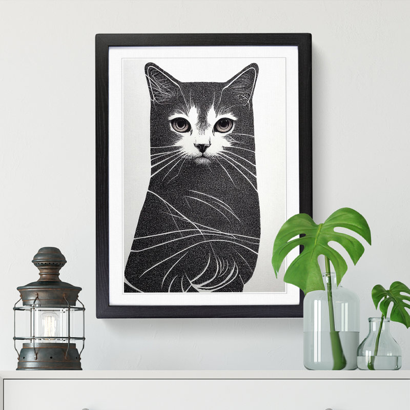 Cat Art Stippling - Picture Frame Print, Oak Framed, 34cm H x 25cm W