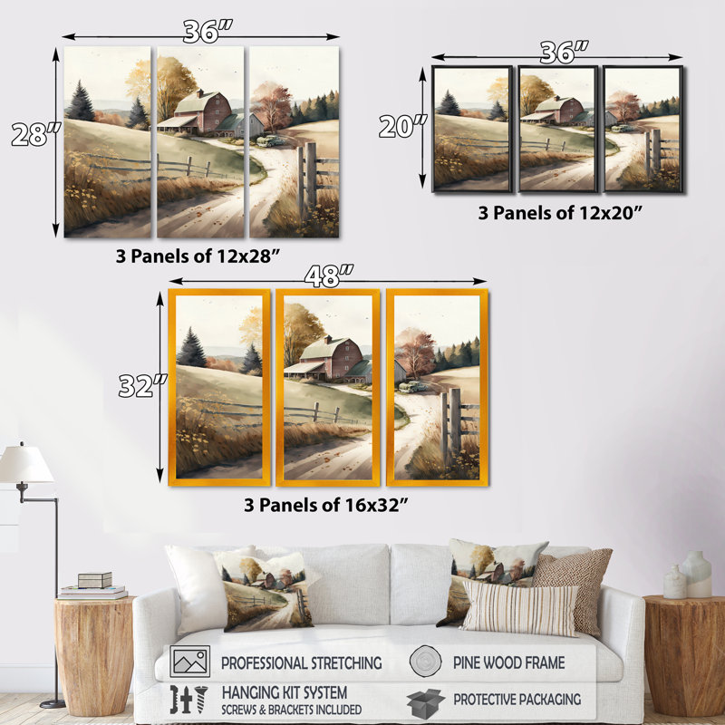 Chemin vers la grange IV - ensemble d'art mural sur toile, Cadre flottant noir, H 28 po x l 36 po