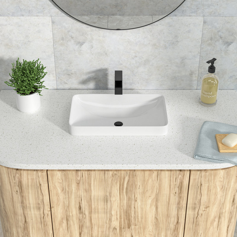 19" x 12" White Ceramic Semi-Recessed Bathroom Sink, Rectangular Drop-In/Vessel Vanity Basin with 1.75" Standard Drain, Modern Semi-Inset Lavatory Sink for Bathroom, Easy to Clean