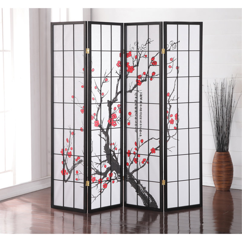 Paravent noir japonais à 4 panneaux, fleur de prunier