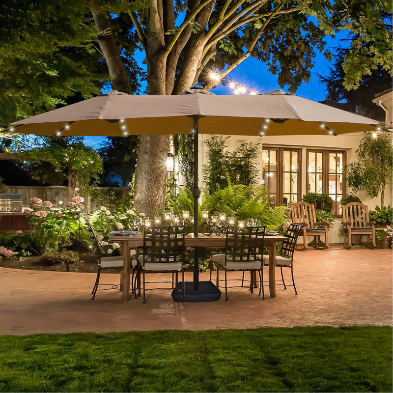 Grand parasol rectangulaire double 15 x 9 pi pour l'extérieur avec lumière et base, Taupe
