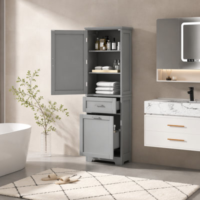 Grande armoire de rangement pour salle de bain, armoire de rangement autoportante avec deux tiroirs de tailles différentes et tablette réglable, panneau de fibres à densité moyenne avec finition peinte