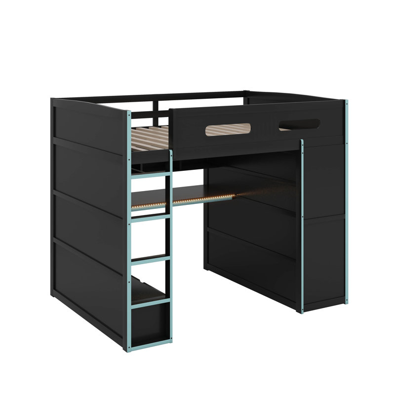 Full Size Wood Loft Bed With Desk,Wardrobe And LED Light, Cloud Blue