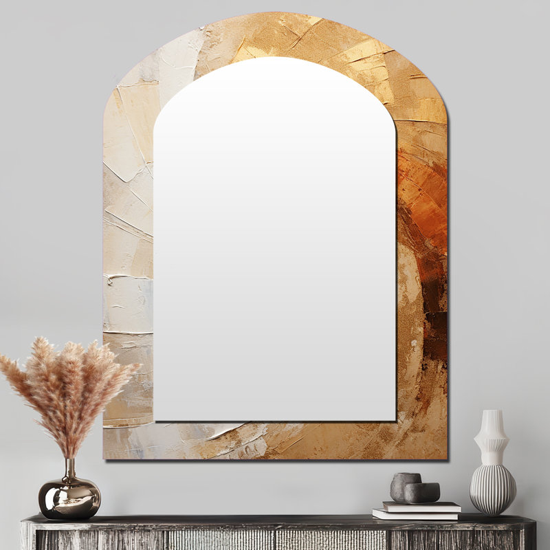 Gold Beige Spiral Poteries - Abstract Spirals Arch Mirror, Beige Asymmetrical Decorative Wall Mirror, Printed Metal Art