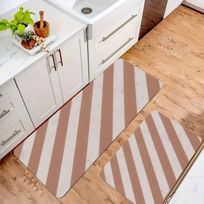 Tapis de cuisine neutre à rayures diagonales pour cuisine et décor minimaliste, brun et blanc, 2 pièces