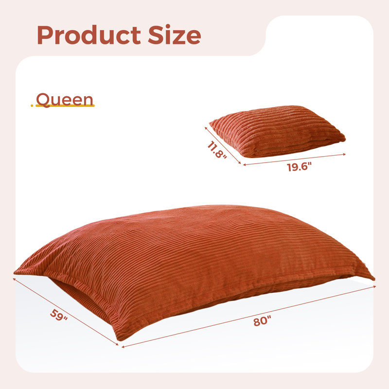 80" Orange Giant 3 In 1 Convertible Bean Bag Chair With Pillow, Orange Corduroy, 80"W x 59"D