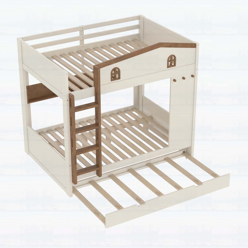 Lit superposé double avec lit gigogne, tablettes de rangement et crochets, bois massif, aucun sommier nécessaire, beige et naturel