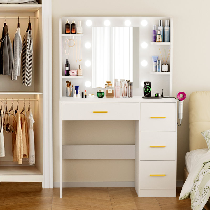 Miroir de meuble-lavabo lumineux 35 pouces à DEL avec 10 ampoules, 3 modes d'éclairage, 4 tablettes + 4 tiroirs, prise de courant intégrée, blanc (décorations de Noël non incluses)