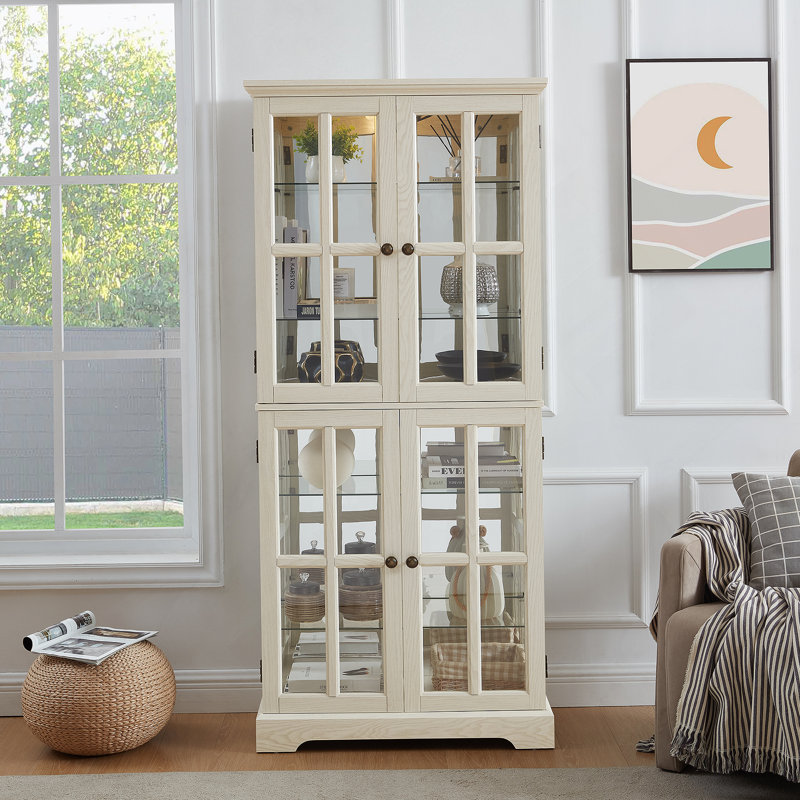 Bibliothèque, vitrine avec tablettes réglables et portes en verre pour la maison ou le bureau, Blanc