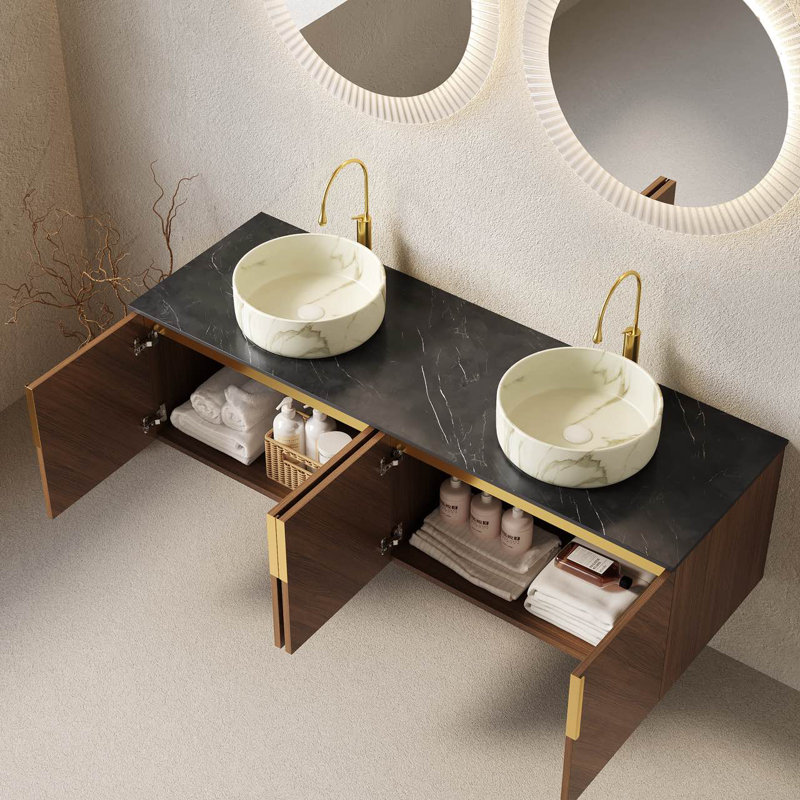 Meuble-lavabo avec lavabo vasque Arai, Blanc / céramique grise, 60", Rond