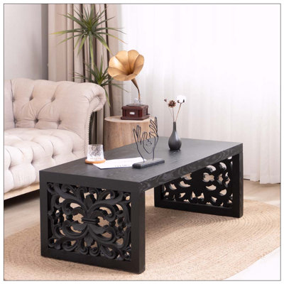 47.2" Rustic Carved Wood Coffee Table