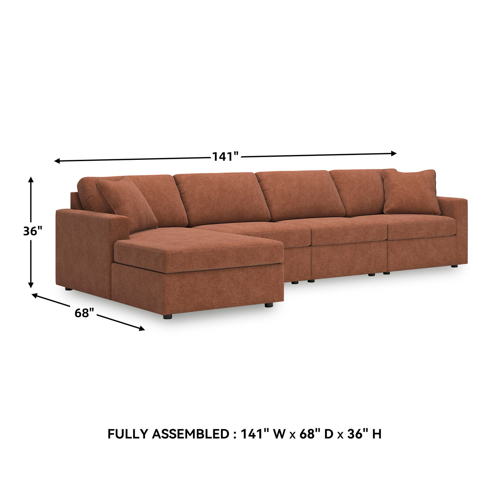 Bulwell Sectional With Chaise, Left Hand Facing, 36" H x 140" W x 68"D, Brown Polyester