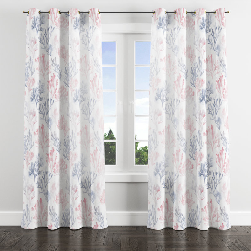 Coastal Window curtains - No Pattern Light Reef Blue And Pink Grommet Curtain - 1 Panel, Gold Grommets, 52" W x 63" L
